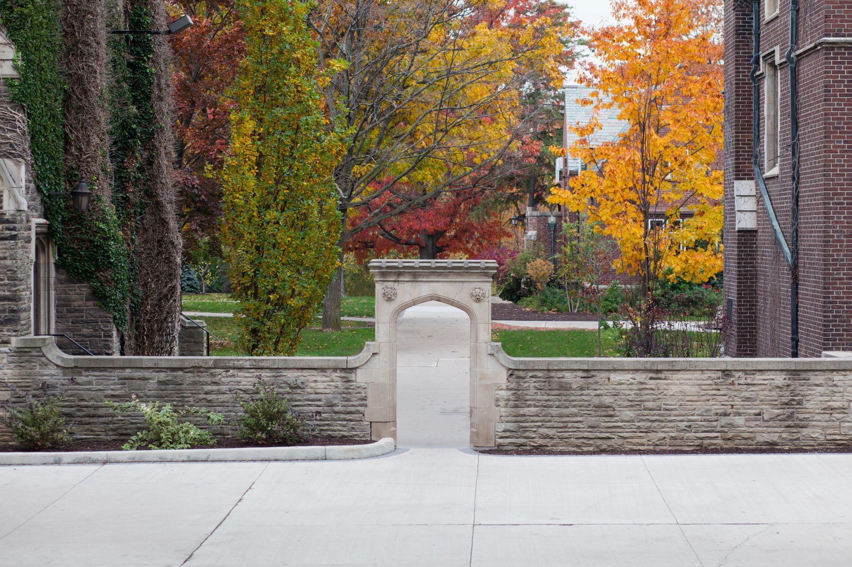 View of the stone arch between University Hall and Edwards Hall